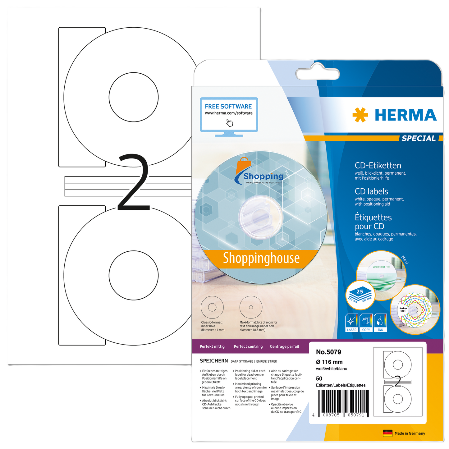 CD-Etikett Herma 5079 A4 25Bl Ø116 mm 50St uml. Rand weiß