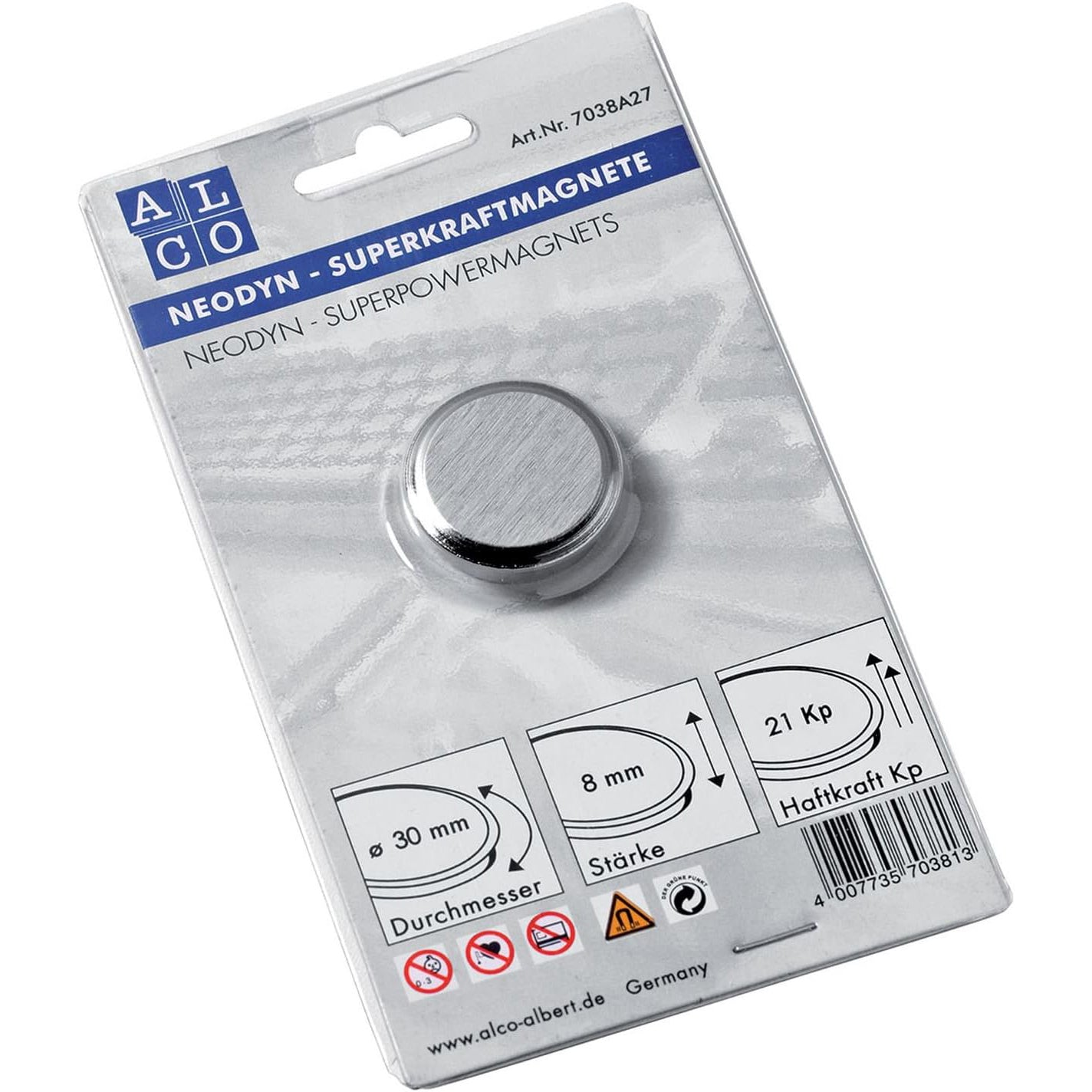Superkraftmagnet Alco Neodyn rund 30mm bis 21kg 1 Stück silber gebürstet