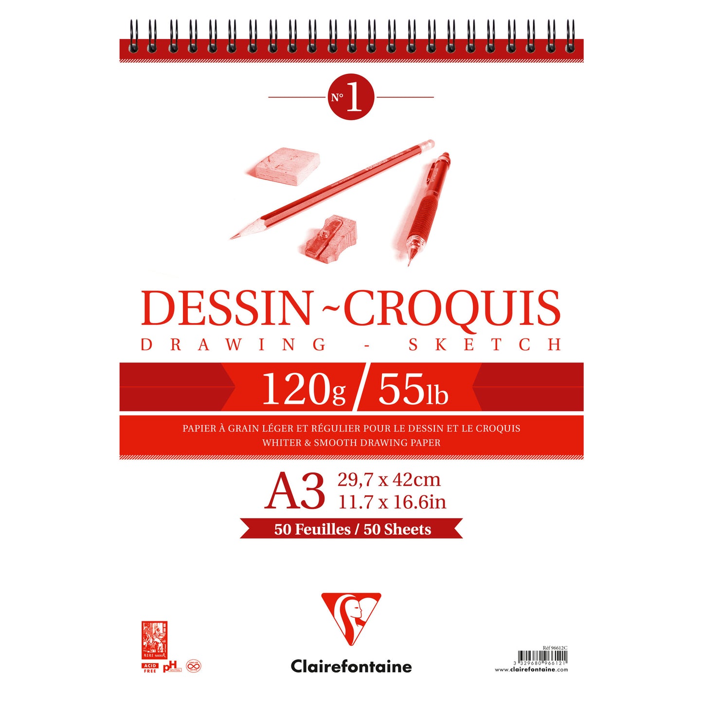 Spiral-Zeichenblock Clairefontaine Zeichnen/Skizze 120g 50 Blatt weiß