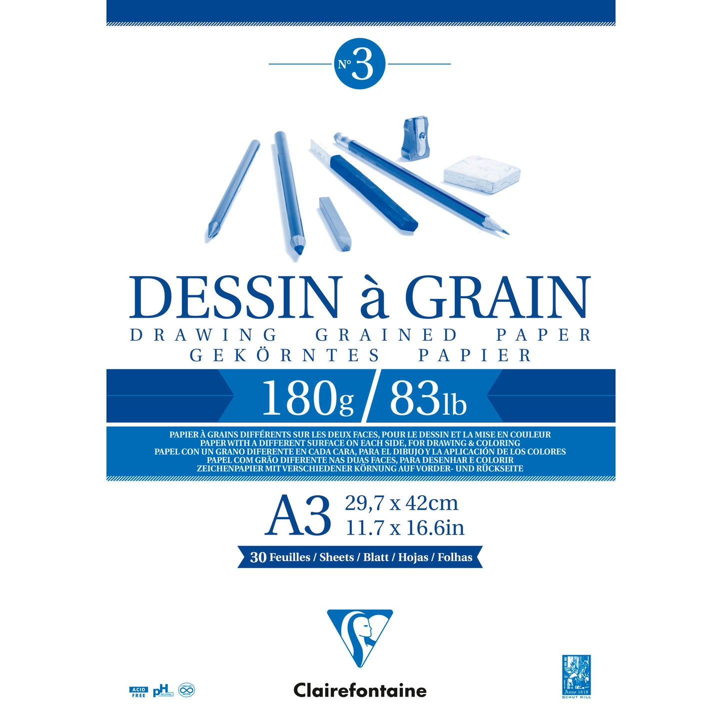 Zeichenblock Clairefontaine Dessin à Grain 180g 30 Blatt weiß kopfgeleimt