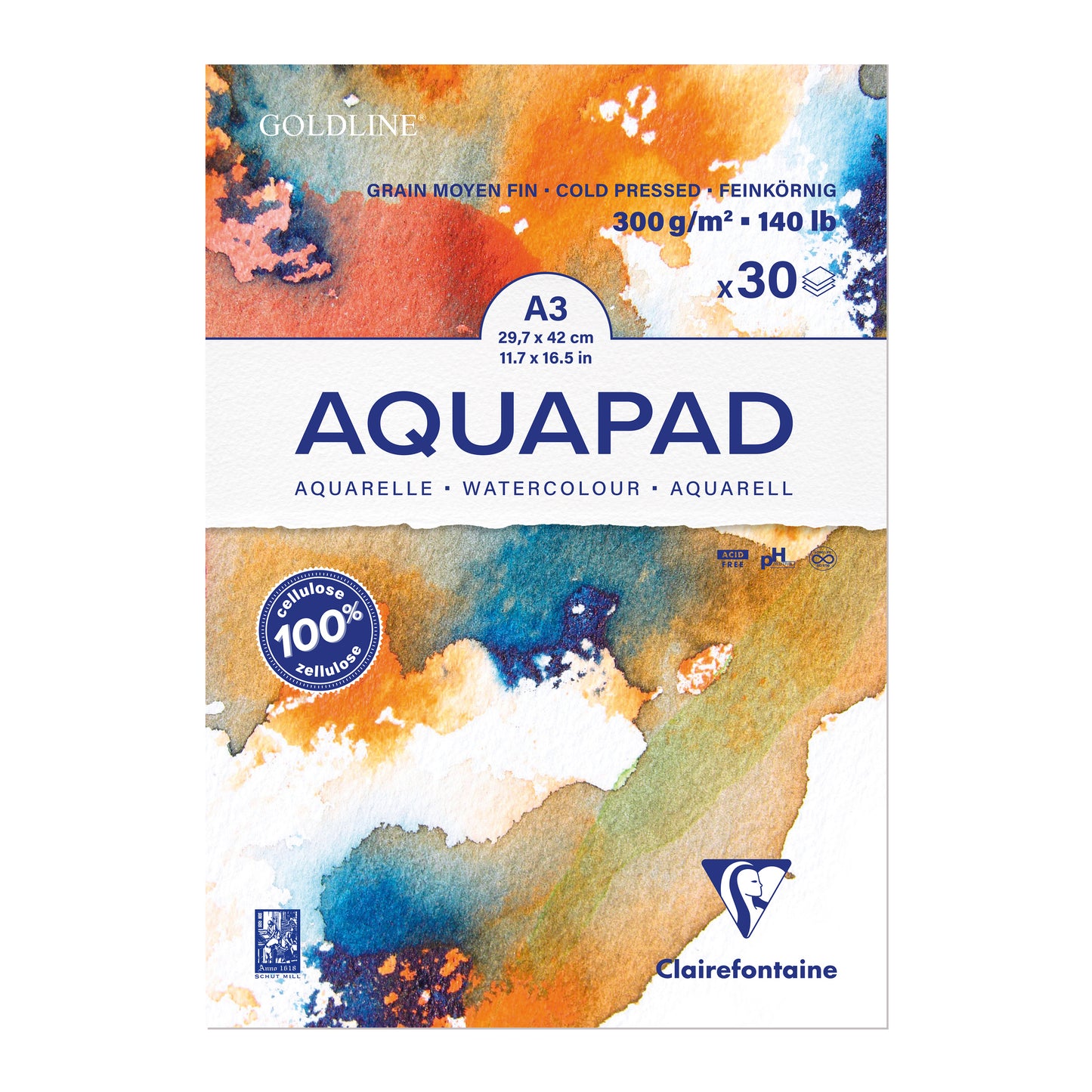 Aquarellblock Clairefontaine AquaPad 300g weiß kopfgeleimt