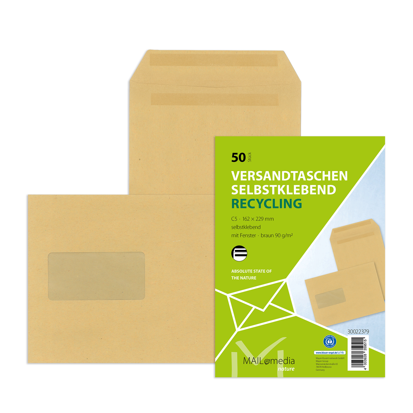 Fenster-Versandtasche braun 90g DIN C5 selbstklebend 50 Stück