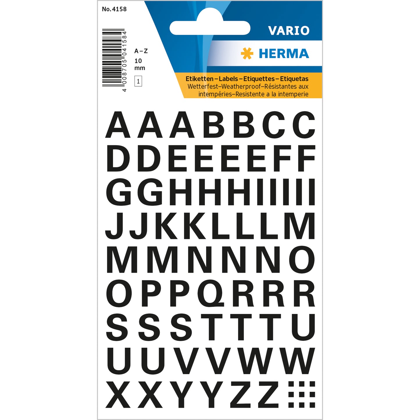 Buchstabenetikett Herma Vario wetterfeste Folie 10mm A-Z schwarz auf transparent