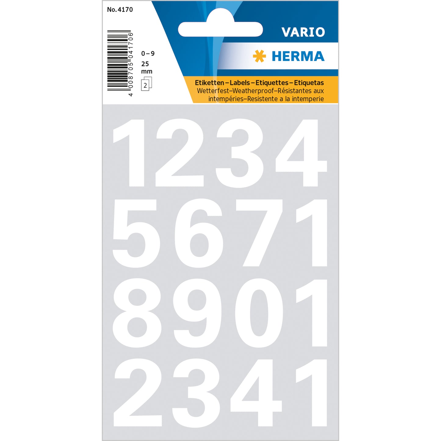 Zahlenetikett Herma Vario wetterfeste Folie 25mm 0-9 weiß auf transparent