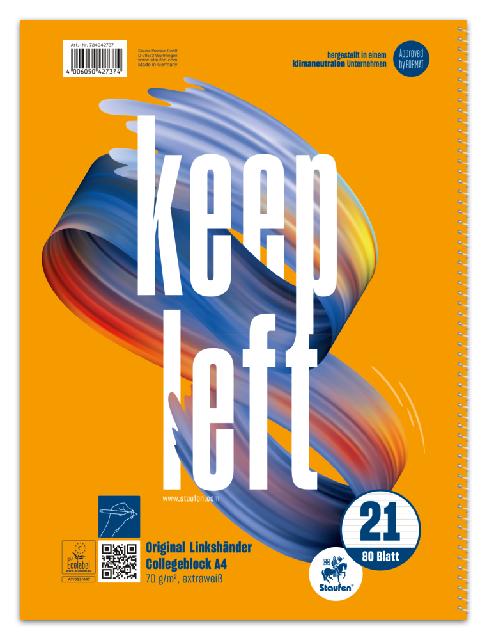 Linkshänder-Collegeblock Staufen Keep Left 70g DIN A4 80 Blatt