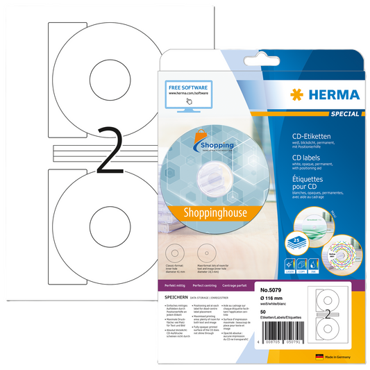 CD-Etikett Herma 5079 A4 25Bl Ø116 mm 50St uml. Rand weiß