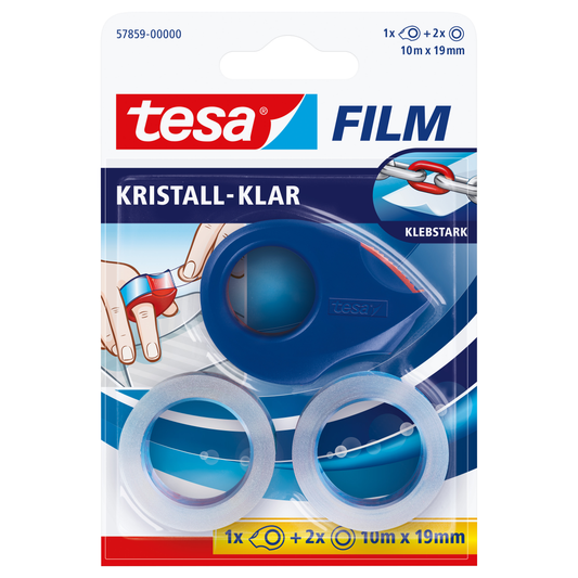 Mini-Handabroller Tesa quick+easy rot/blau bis 19mm/10m inkl. 2 Rollen kristall-klar 19mm/10m